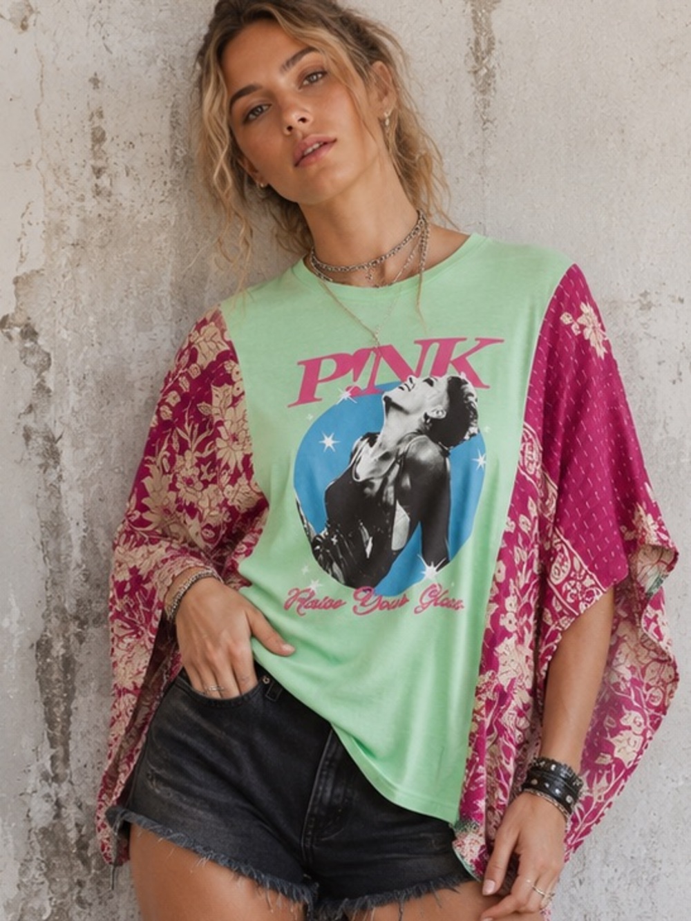 Custom Upcycled Pink Graphic Kantha Sleeve Festival Top NWT Pink Tee